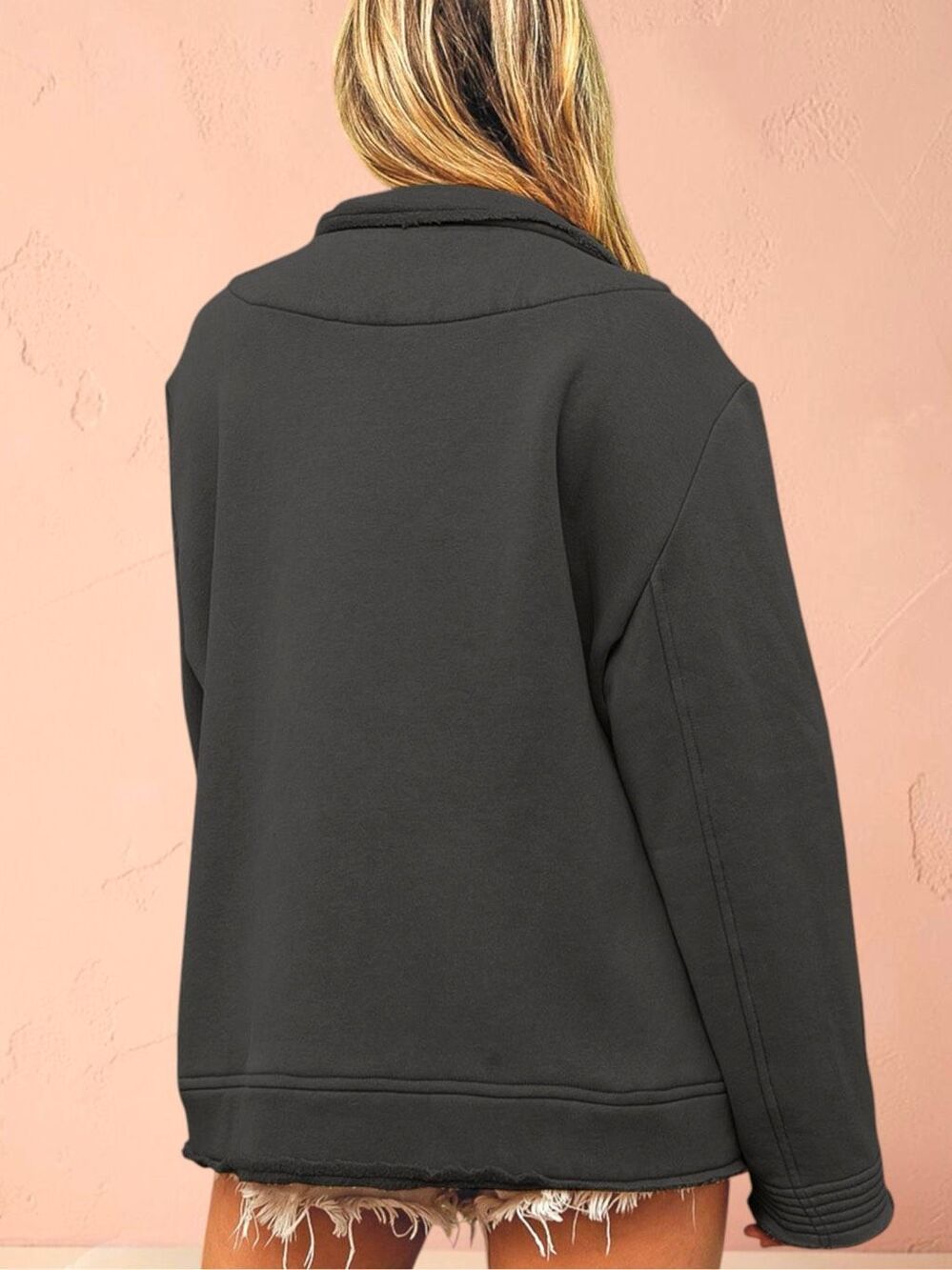 BiBi Charcoal Oversized Blazer Jacket Washed Black Knit Raw Edge Button Front - Picture 3 of 7